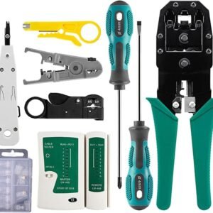 Melfi™ 9 In 1 Professional Network Installation & Wiring Maintenance Repair Tool Kit. Remote LED Continuity Test Box, Screwdrivers, Cutters & Strippers,Crimper & Krone Punch Down Tool in a Zipper Case