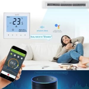 Royal Apex Wifi Programmable Room AC Smart Thermostat | Energy Saving FCU Central Air Conditioner Touch Controller 95-240VAC with Alexa Echo Google Home IFTTT Support (White Silver Frame)