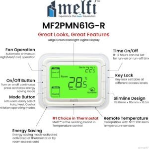 Melfi™ Home Digital Air Condition Manual FCU AC Thermostats with R Sense, 2 Pipe Heat/Cool Manual or Auto 3-Speed Fan Control | Suitable For Chiller/Compressor HVAC Sytem 230V AC (Green Backlight)