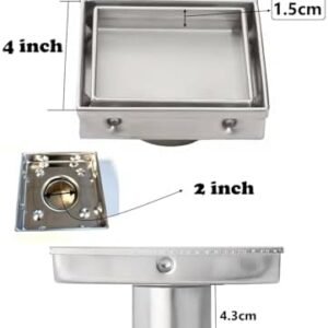 Biella Tile Insert SS Floor Drain Square with Strainer & NRV | 304 Stainless Steel, Anti-Clogging, Odor NRV Control, Leak-Proof – Silver | For Kitchen, Washroom etc (4 INCH X 4 INCH X 2 INCH)