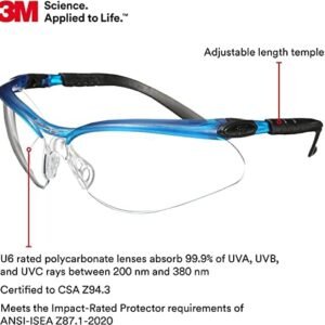 3M BX Safety Glasses, , Ocean Blue Frame, Anti-Fog Anti-Scratch Clear Lens, Adjustable Length Temples and Lens Angle