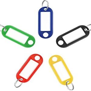 Biella™ Multicolor 5.1 cm Tough ABS Key Tags in 5 Colors Item Identifiers Markers with Blank Paper Labels Protective Plastic Films and Split Rings, 50 Pack