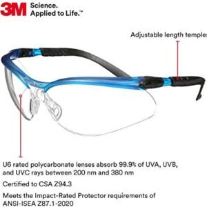 3M BX Safety Glasses, , Ocean Blue Frame, Anti-Fog Anti-Scratch Clear Lens, Adjustable Length Temples and Lens Angle