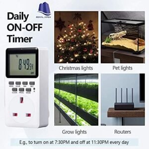 Royal Apex Digital Timer Switch Socket Plug-in Programmable 24 Hours & 7 Days Energy Saving 230VAC 13A Timer Switch Energy Saving Intelligent Electronic Timing Socket