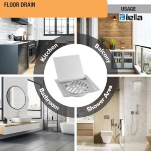 Biella™ Square Shower Stainless Steel Matt Finish Floor Grating Drain With Open Top Cover For Using Shower Room And Toilet, Fast Drainage, Smooth Surface, Double Anti-blocking, Detachable.