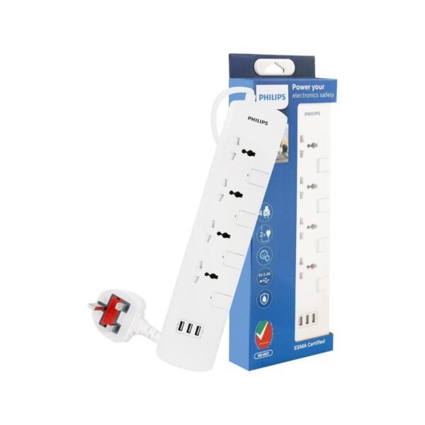 Philips 4 Gang 2 Meter Universal Extension Socket with Individual Switch & 3 USB 2.4A | Child Safety Shutters with Fire Rated | BS 13A Plug | ESMA Certified - SPN3144WA/56