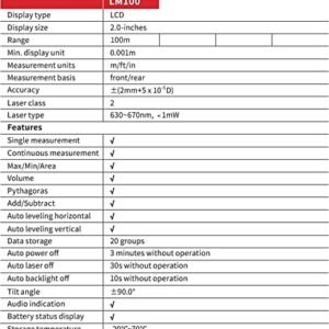 UNI-T High Precision Infrared Laser Distance Meter | 100 Digital Ruler With Physical and Electronics Leveler Professional Red Multiple functions LM100