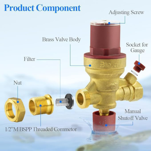 Biella Brass Automatic Water Heater Filling Valve with Built in Multifunctional All-in-on PRV, NRV, Strainer & Shut-off Valve  1/2" Inlet & Outlet, Boiler Inlet Valve for Solar Water Heater System - Image 3