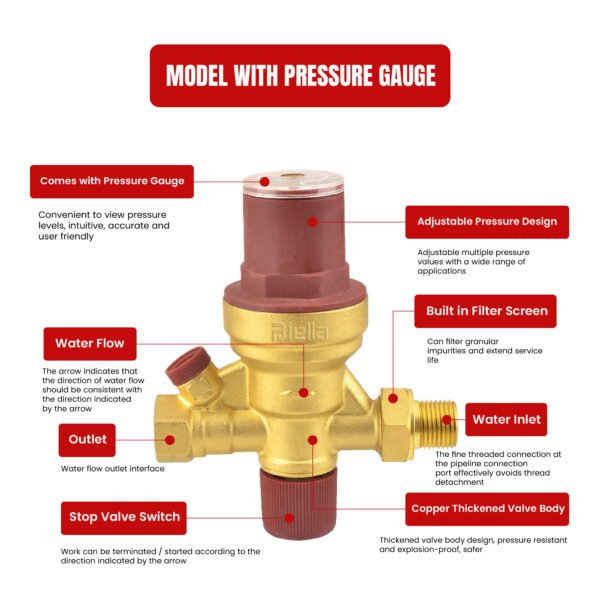 Biella Brass Automatic Water Heater Filling Valve with Built in Multifunctional All-in-on PRV, NRV, Strainer & Shut-off Valve  1/2" Inlet & Outlet, Boiler Inlet Valve for Solar Water Heater System - Image 2