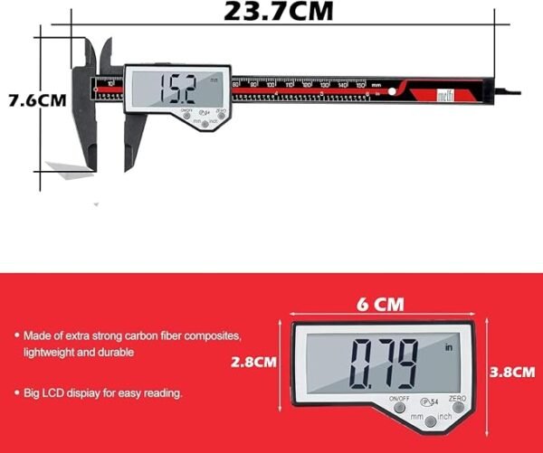 Melfi Electronic Digital Nylon Vernier Caliper - 0-6 Inch/150mm, Inch/Metric Conversion, Extra Large LCD Screen, Auto Off – Precise Measuring Tool in Red/Black - Image 2