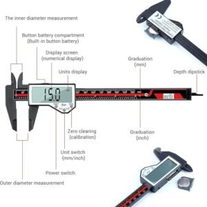 Melfi Electronic Digital Nylon Vernier Caliper - 0-6 Inch/150mm, Inch/Metric Conversion, Extra Large LCD Screen, Auto Off – Precise Measuring Tool in Red/Black