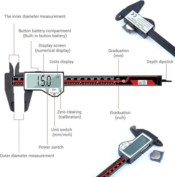 Melfi Electronic Digital Nylon Vernier Caliper - 0-6 Inch/150mm, Inch/Metric Conversion, Extra Large LCD Screen, Auto Off – Precise Measuring Tool in Red/Black - Image 3